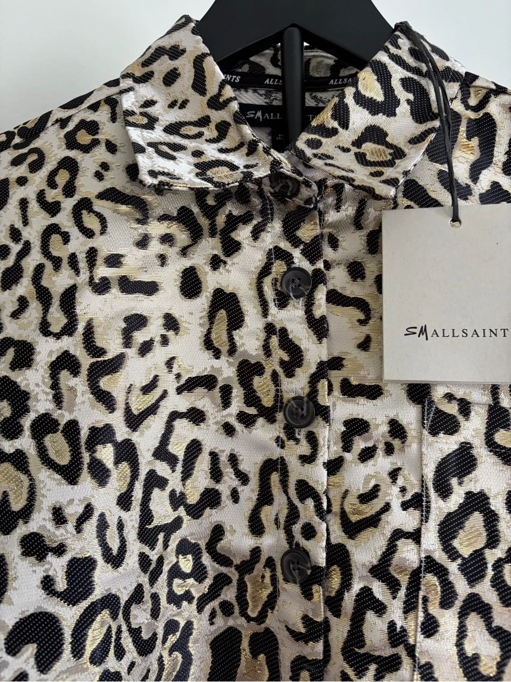 AllSaints Metallic Leopard Print Button-Up Jacket in Black, Gold, Cream